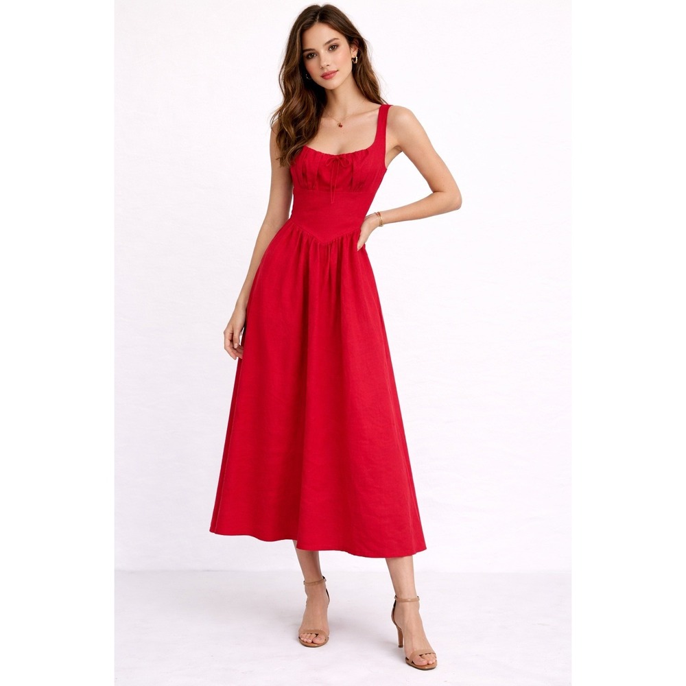 Few Moda Chiara Red Linen Blend Smocked‎ Midi Dress Womens 14W NWT